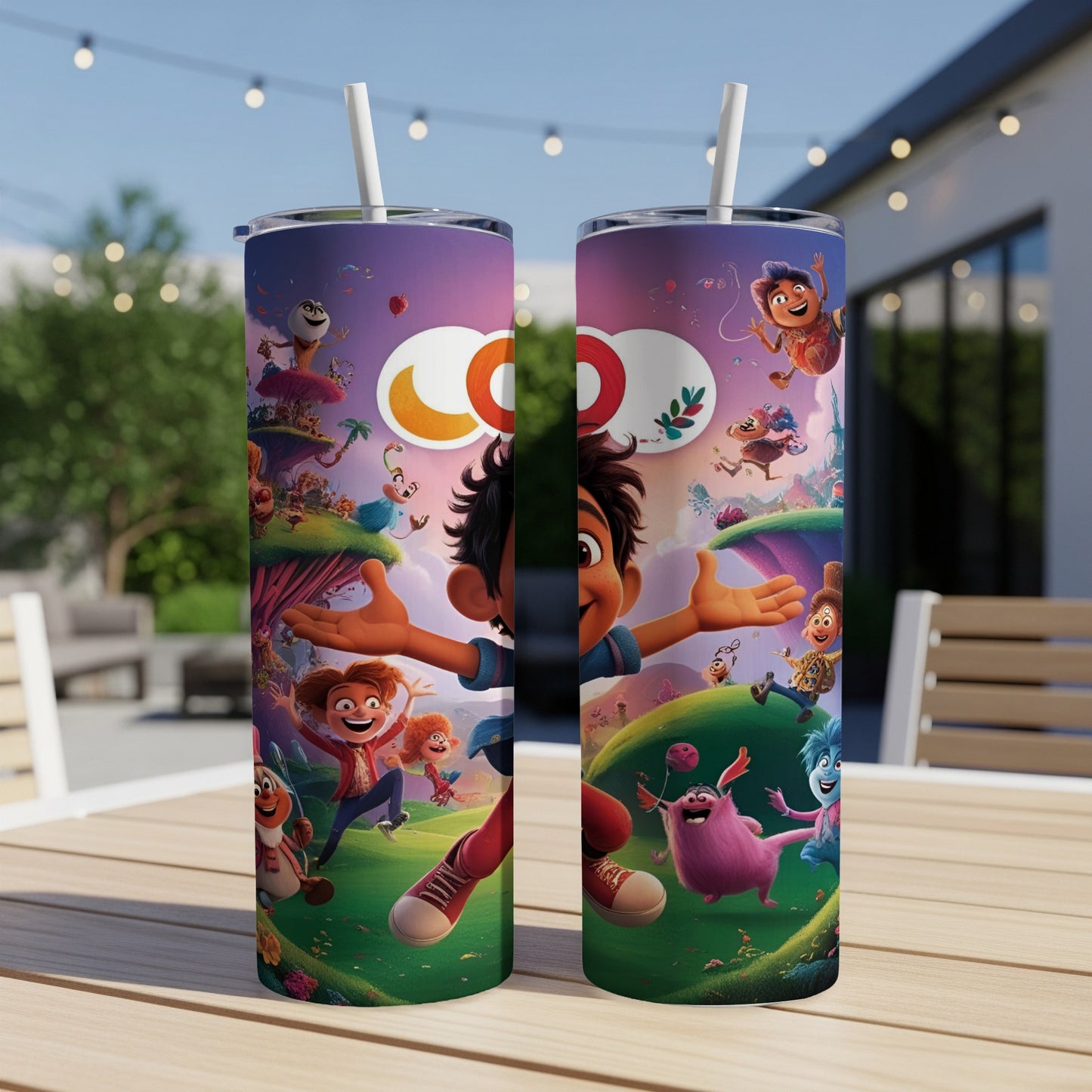 Two tumblers with colorful cartoon characters from the movie 'If'.
