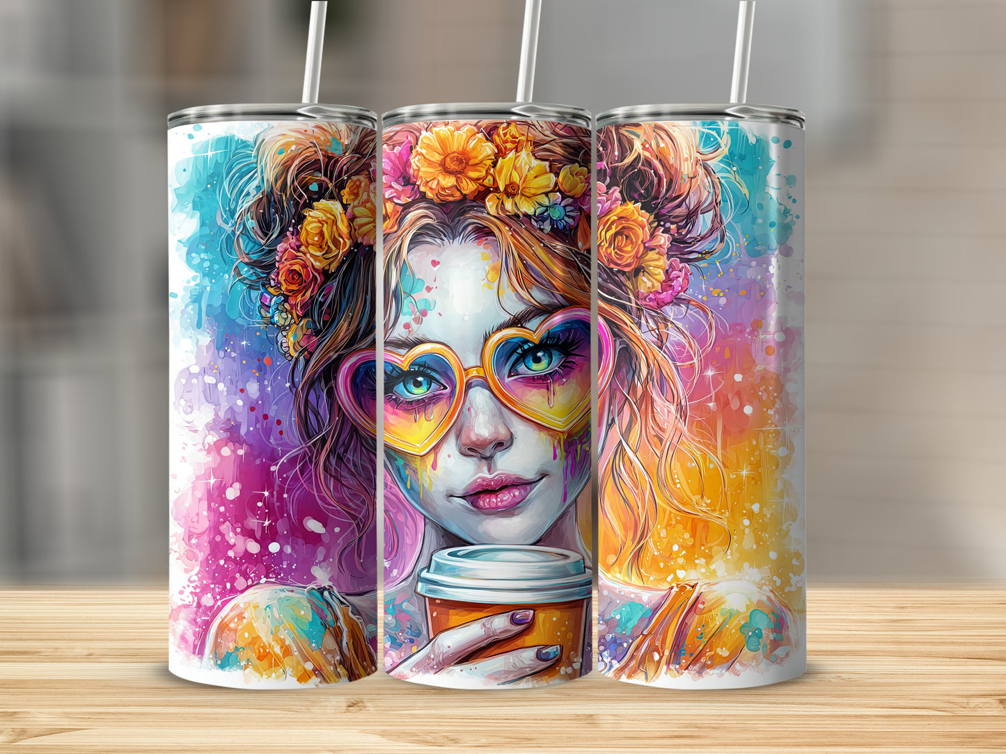 Colorful Artistic Woman with Flowers Tumbler