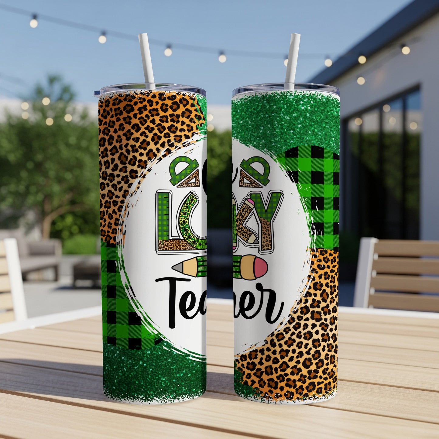 Green, black, and leopard print tumbler with "Lucky Teacher" text and pencils.