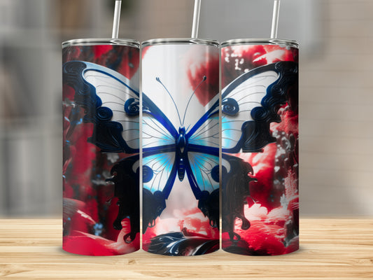 Three tumblers featuring a blue and white butterfly on a red floral background.