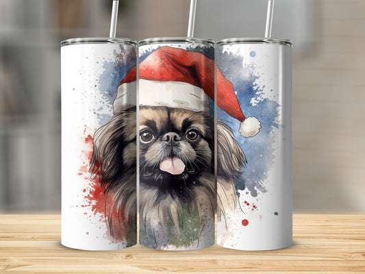 Christmas Pekingese dog wearing Santa hat with watercolor splashes.