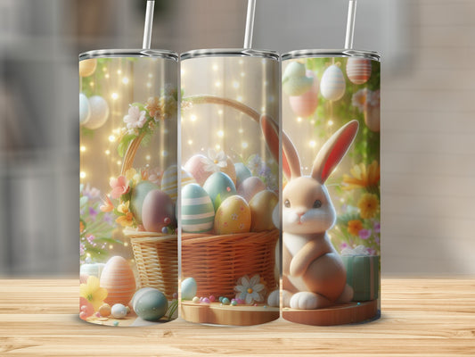 Easter bunny with basket of colorful eggs and soft bokeh lights.