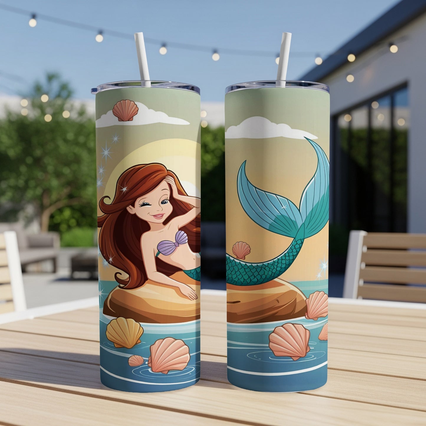 Two tumblers with a mermaid illustration, seashells, and blue water design.