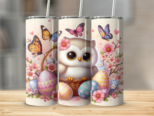 Owl and Easter eggs tumbler with butterflies and flowers.