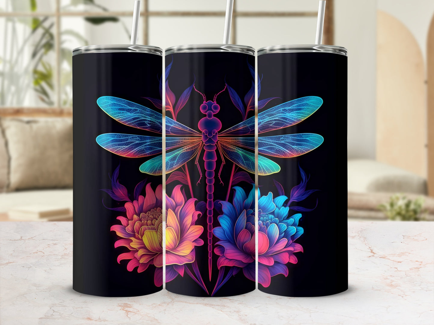 Elegant Dragonfly and Floral Design Tumbler