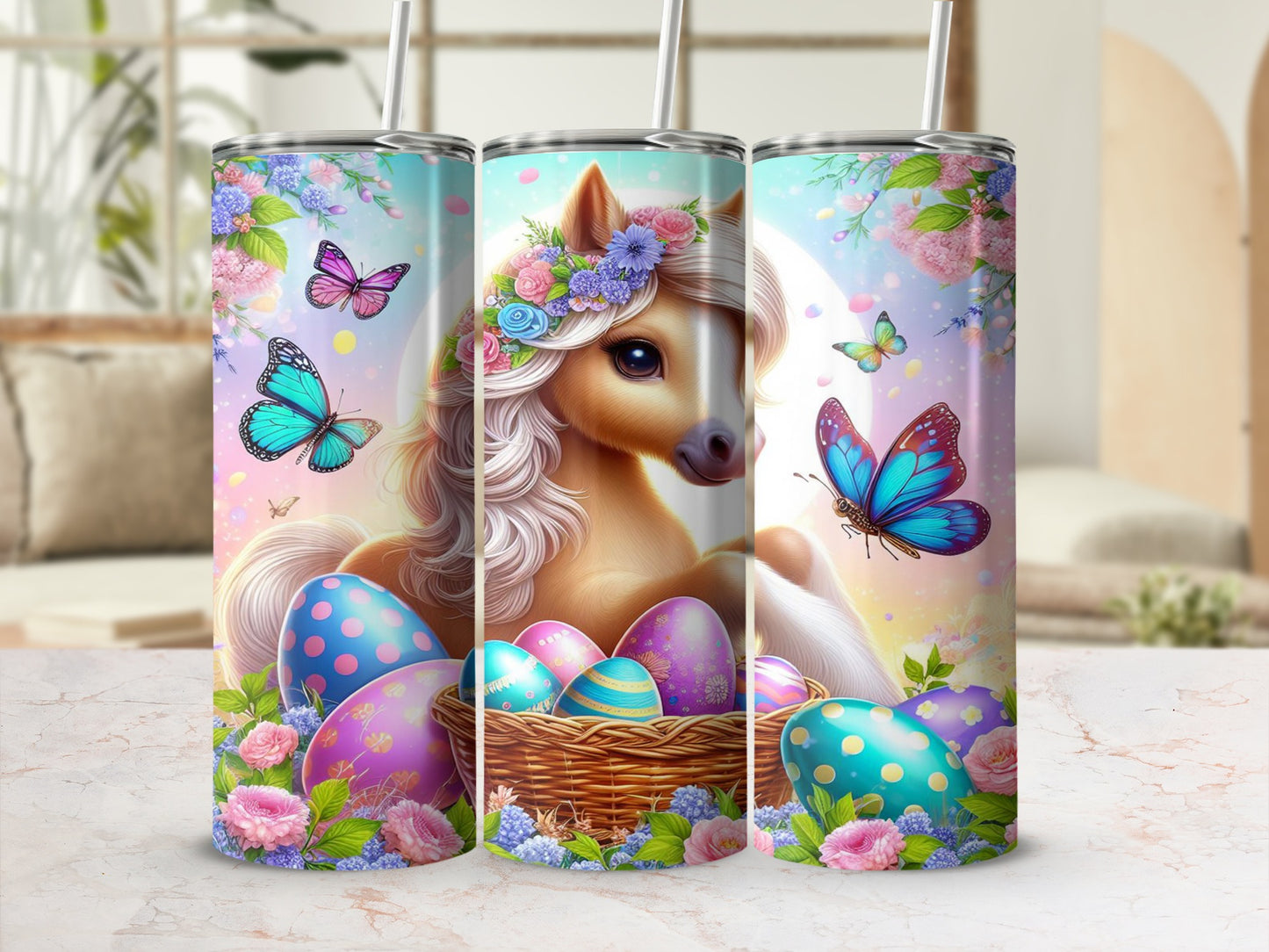 Whimsical unicorn, Easter eggs, and butterflies adorn a pastel tumbler.