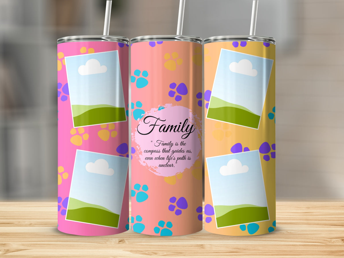 Three tumblers with paw prints and quote: "Family is the compass that guides us."