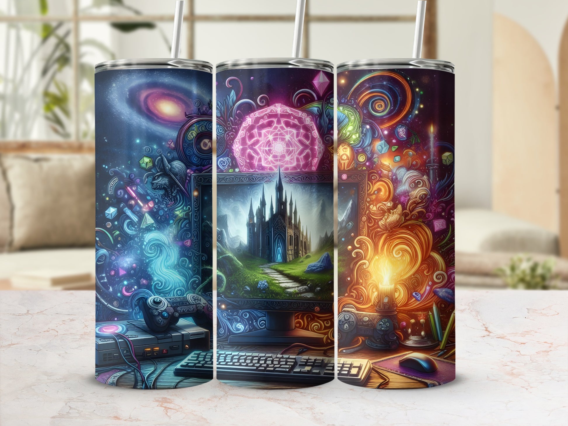 Three tumblers with cosmic, fantasy designs featuring castles, computers, and glowing orbs.
