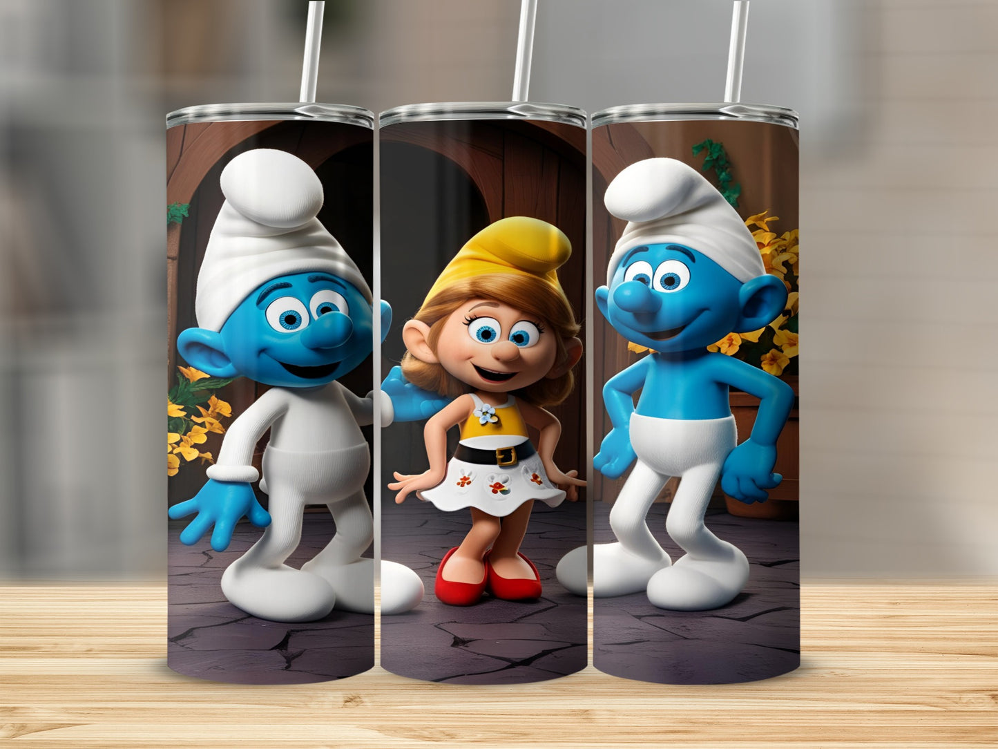 Smurf characters with a yellow-hatted Smurfette in the center.