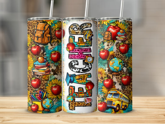 Teacher tumbler with school supplies, apples, sunflowers, and leopard print.