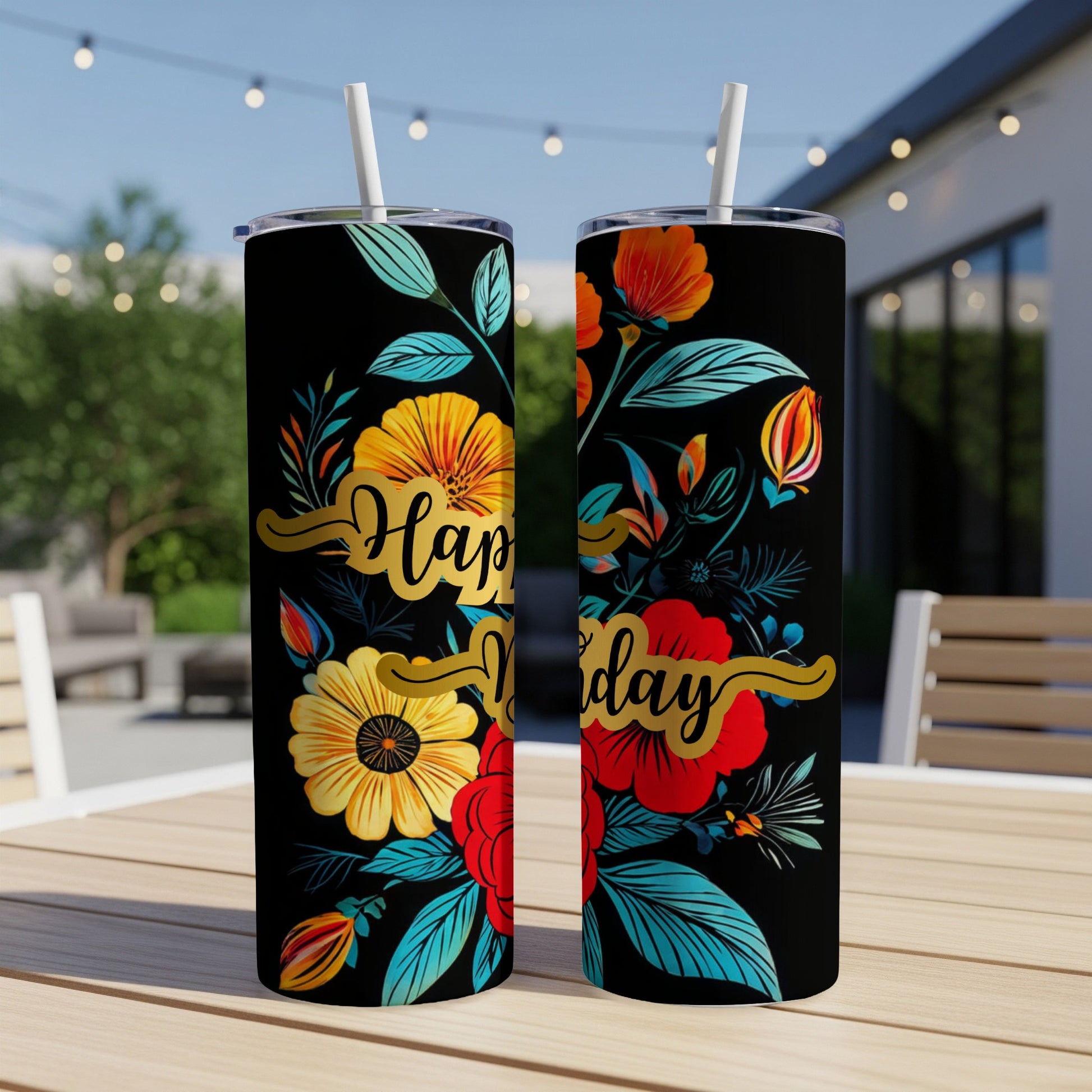 Two black tumblers with colorful floral designs and "Happy Birthday" text.