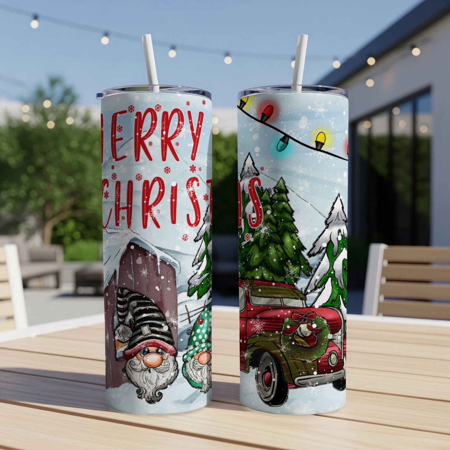 Merry Christmas tumbler with gnome and vintage truck designs.