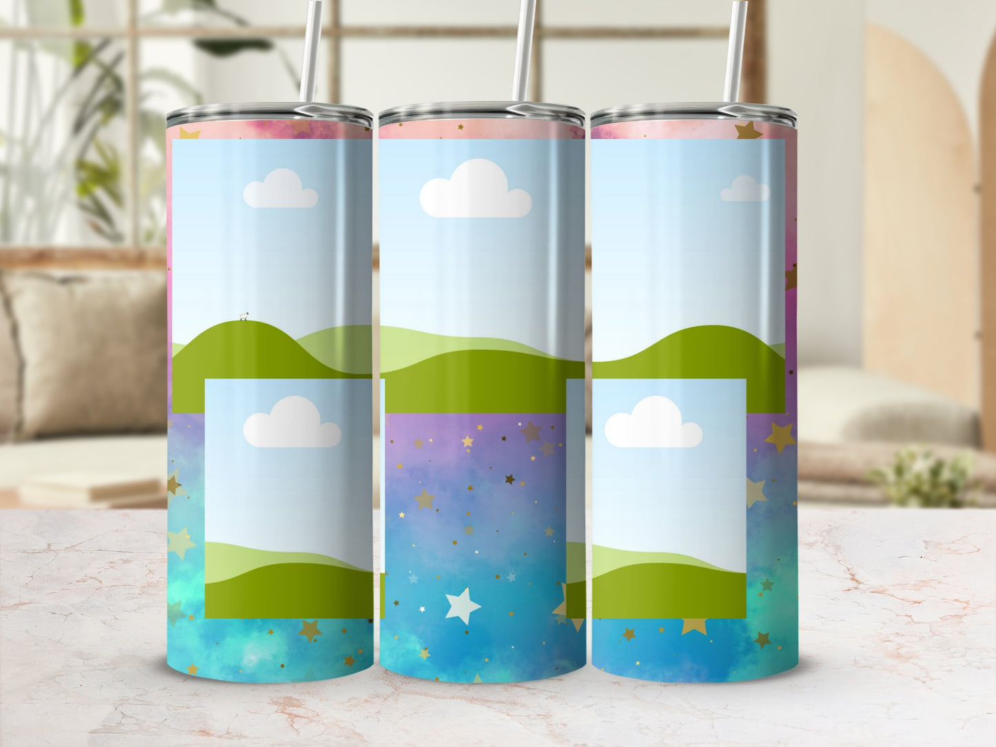 Three tumblers with a pastel sky, green hills, and starry bottom design.