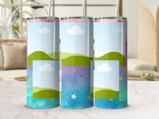 Three tumblers with a pastel sky, green hills, and starry bottom design.