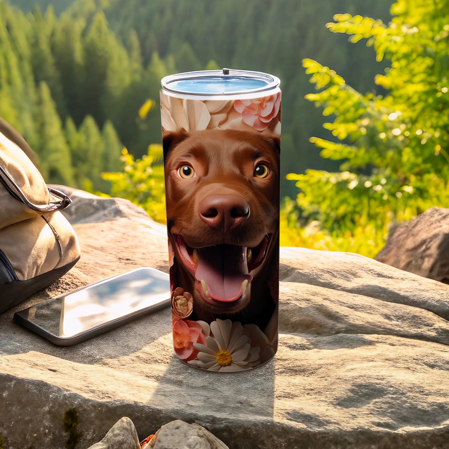 Joyful Brown Dog Floral Graphic Happy Smile Tumbler product type
tumbler, dog, brown dog, happy dog, smiling dog, chocolate lab, labrador, pet lover, animal design, floral, flower print, nature, outdoors, drinkware, travel mug, gift dog lover, unique design, cute dog, adventure mug, dog mom