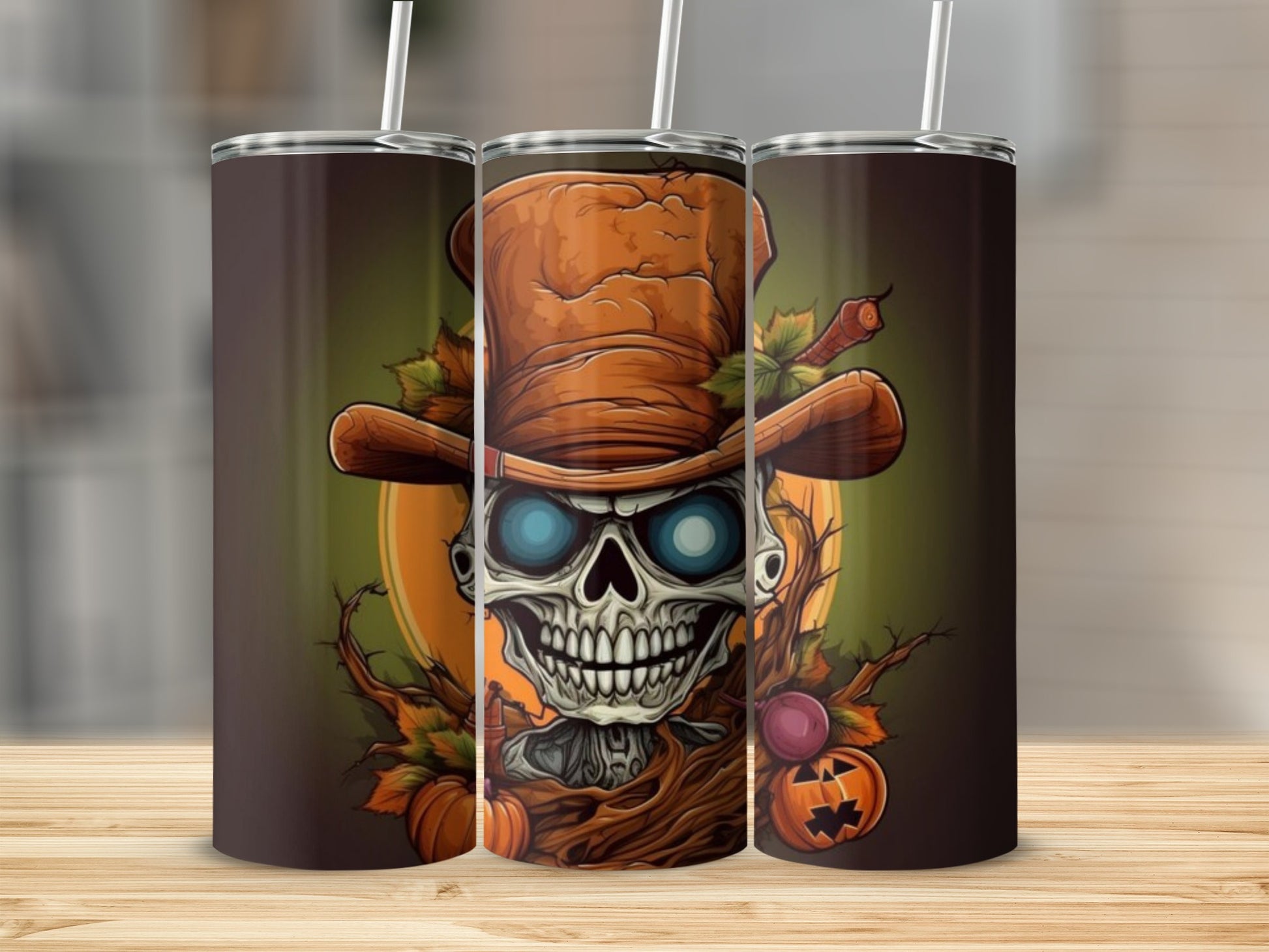 Three tumblers feature a Halloween skeleton with blue eyes and an orange hat.