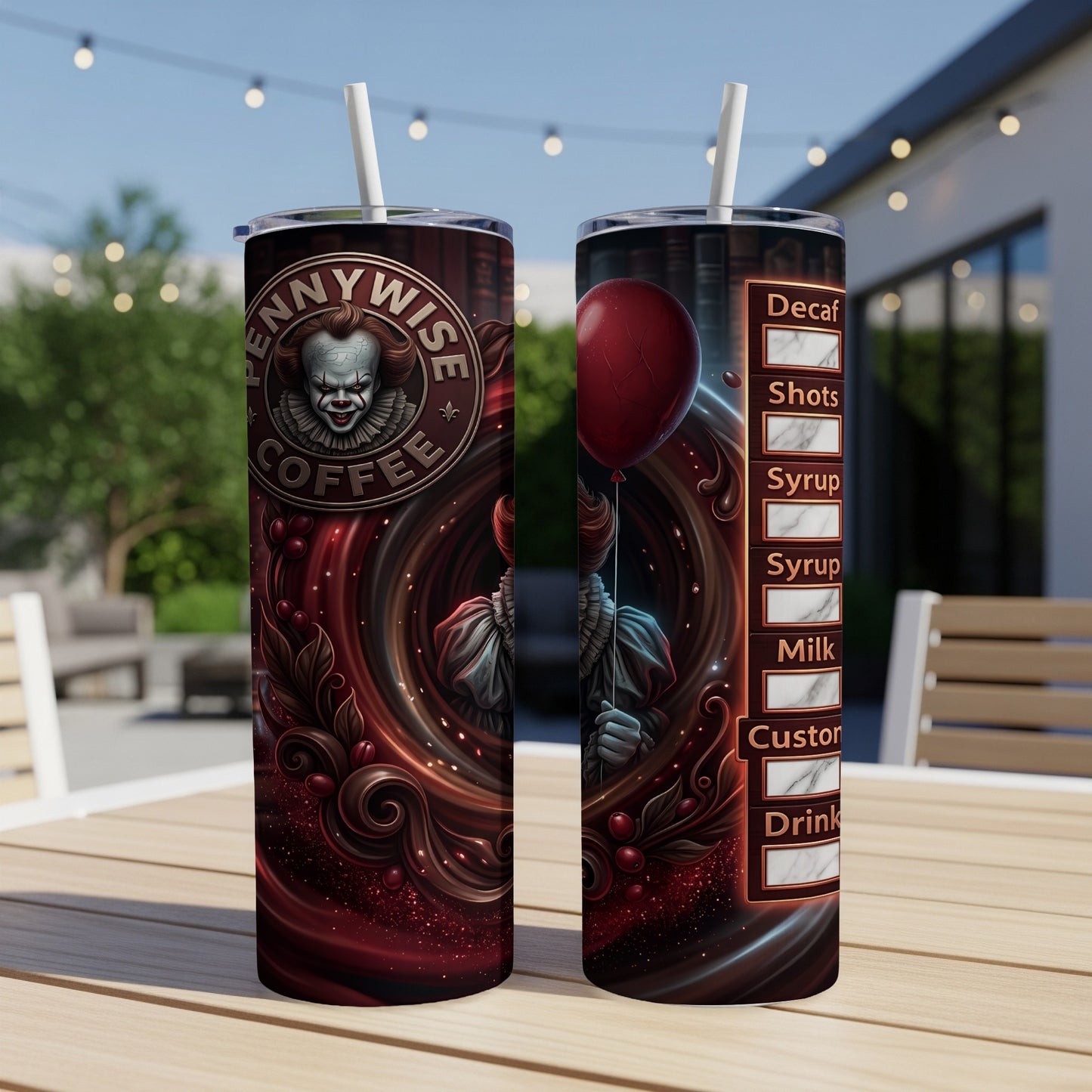 Pennywise coffee tumbler with balloon and drink customization options.