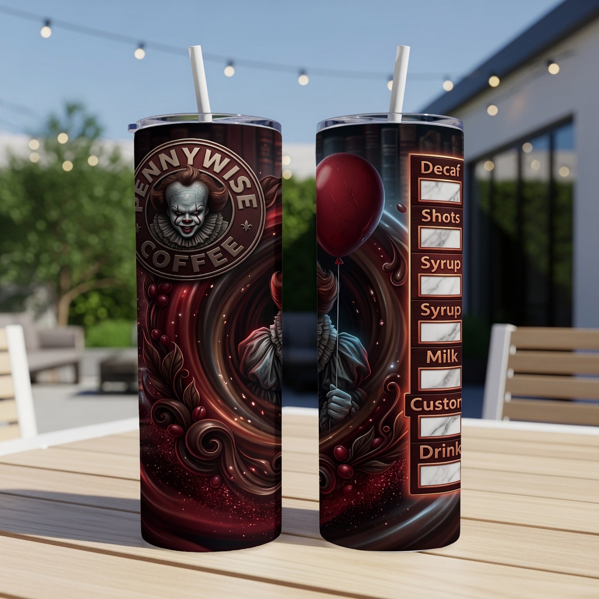 Pennywise coffee tumbler with balloon and drink customization options.