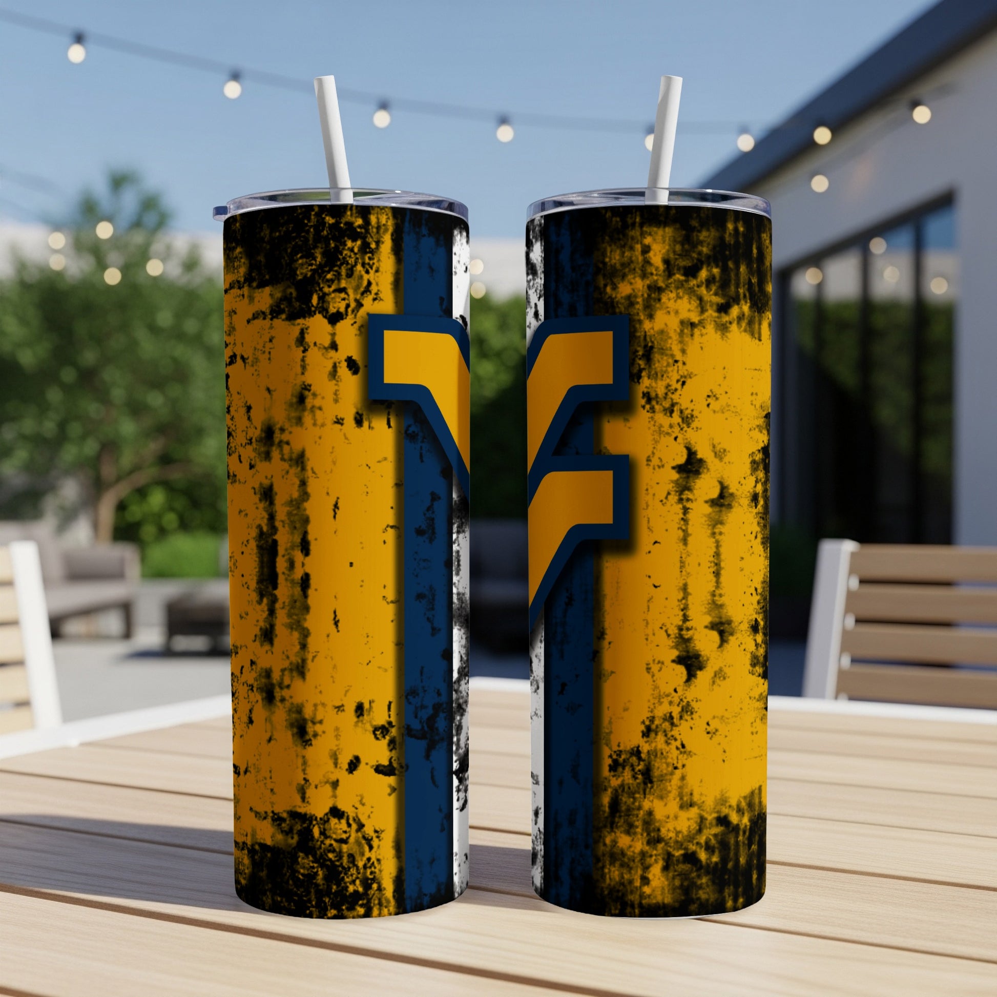 Two tumblers with a distressed yellow and blue design, featuring a yellow FF logo.