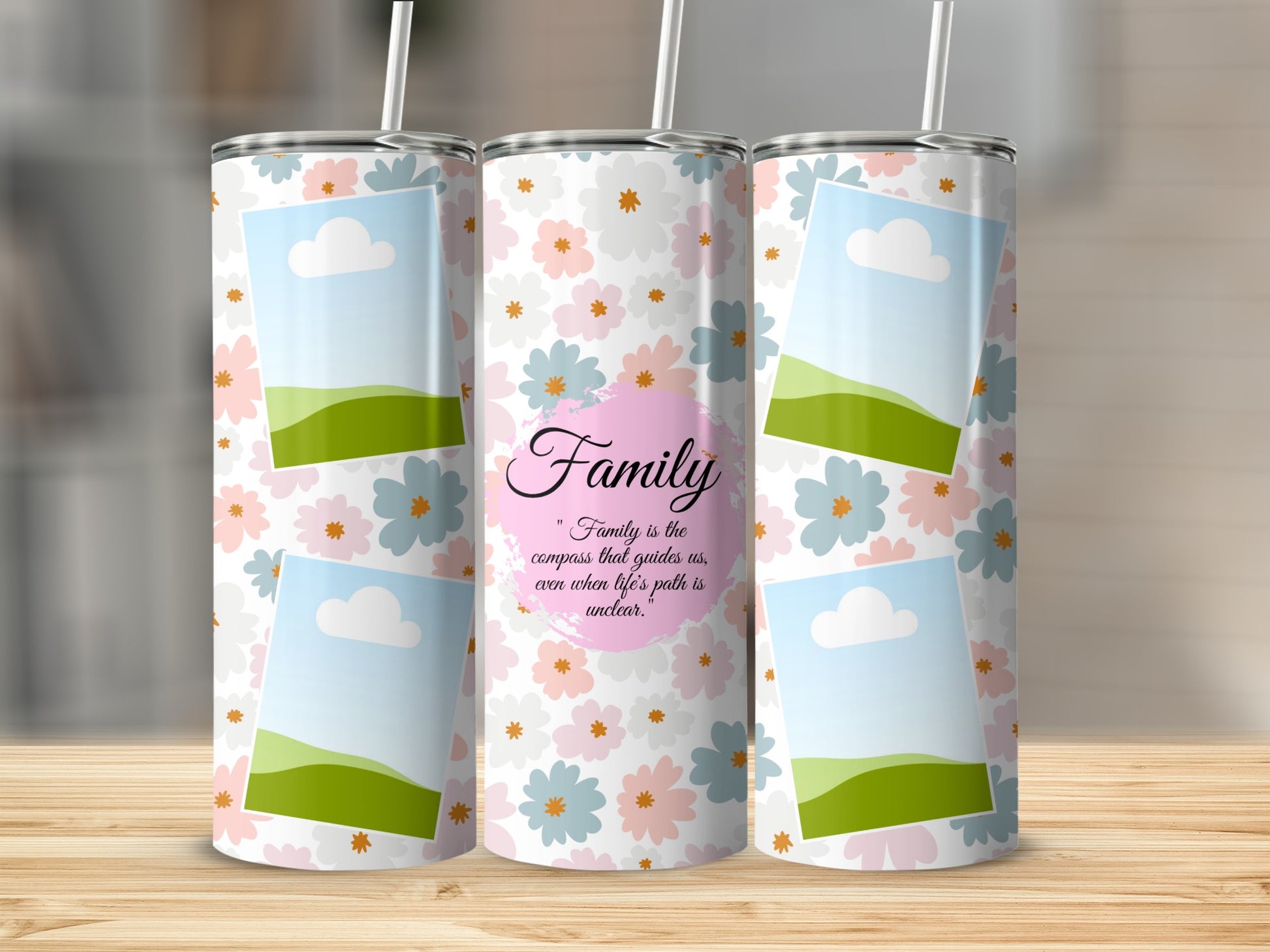 Tumbler with floral pattern, photo placeholders, and the quote "Family is the compass that guides us."