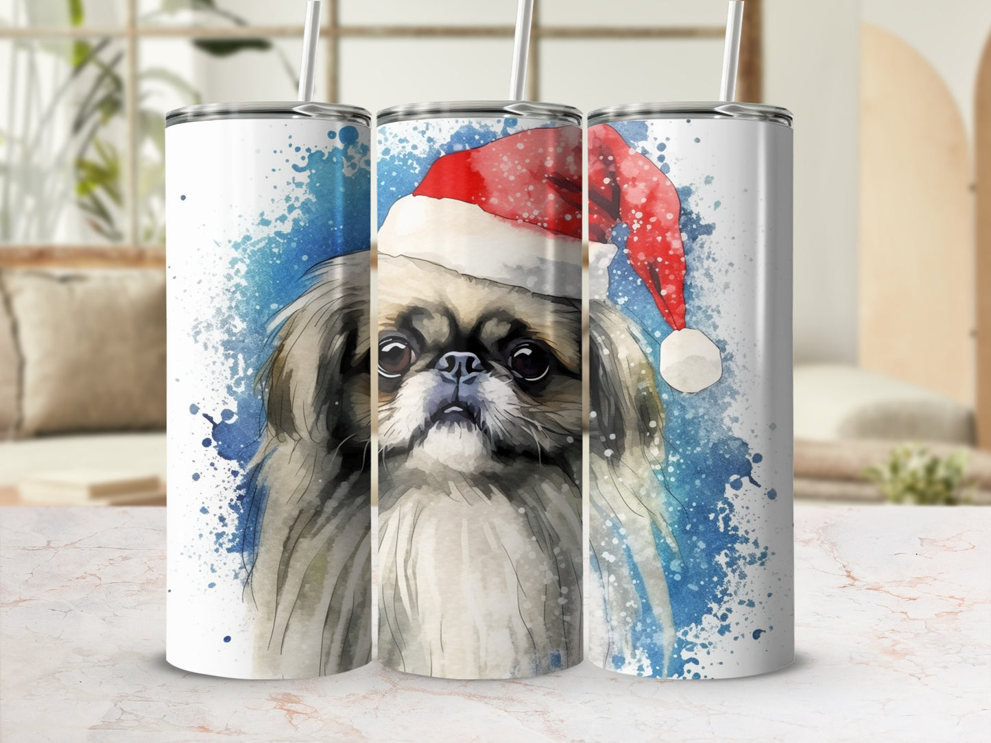 Watercolor Pekingese dog wearing a Santa hat on a blue speckled background.