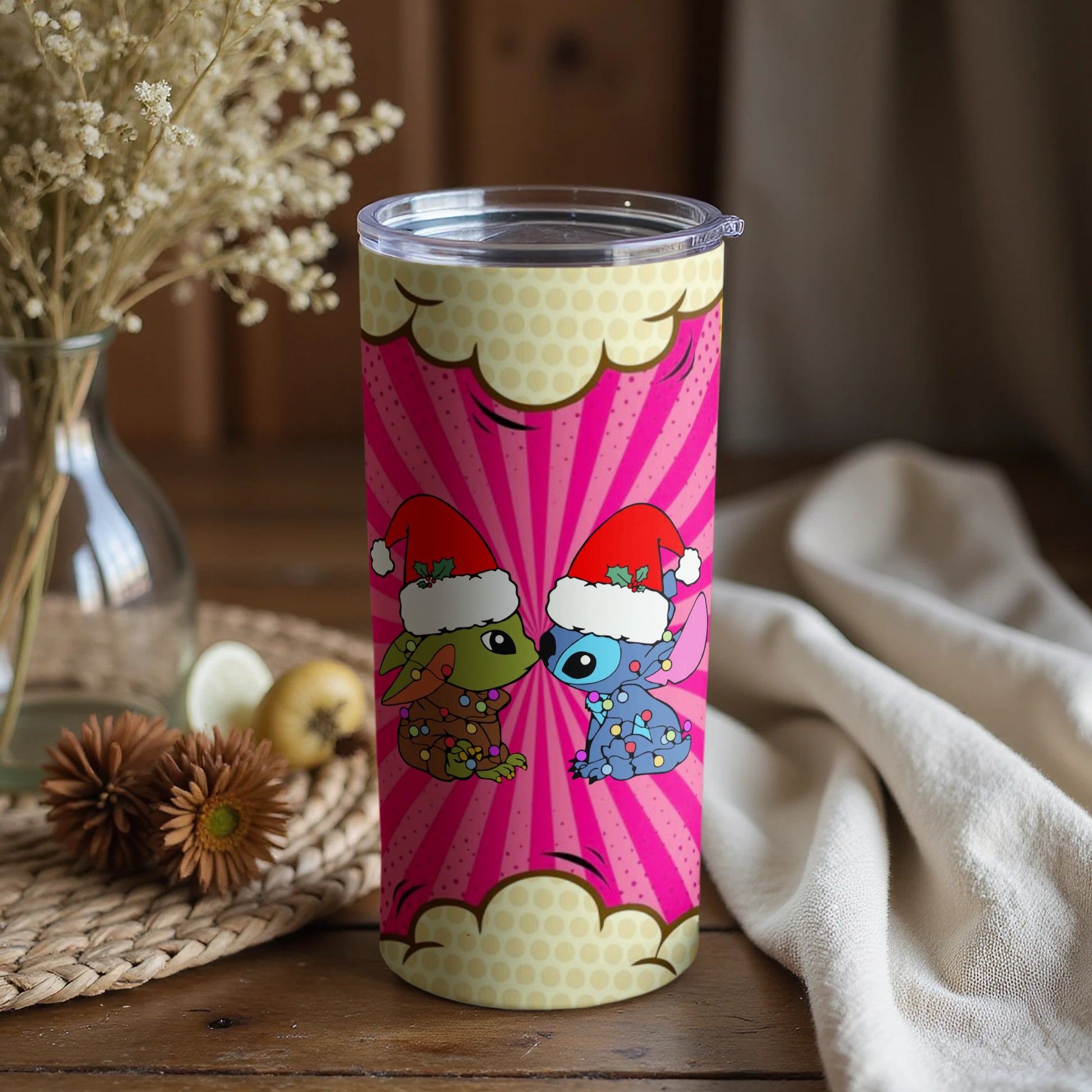 Cute Holiday Characters on Pink Tumbler Product