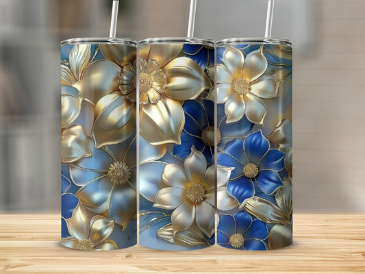 Three tumblers with a blue and gold floral design.