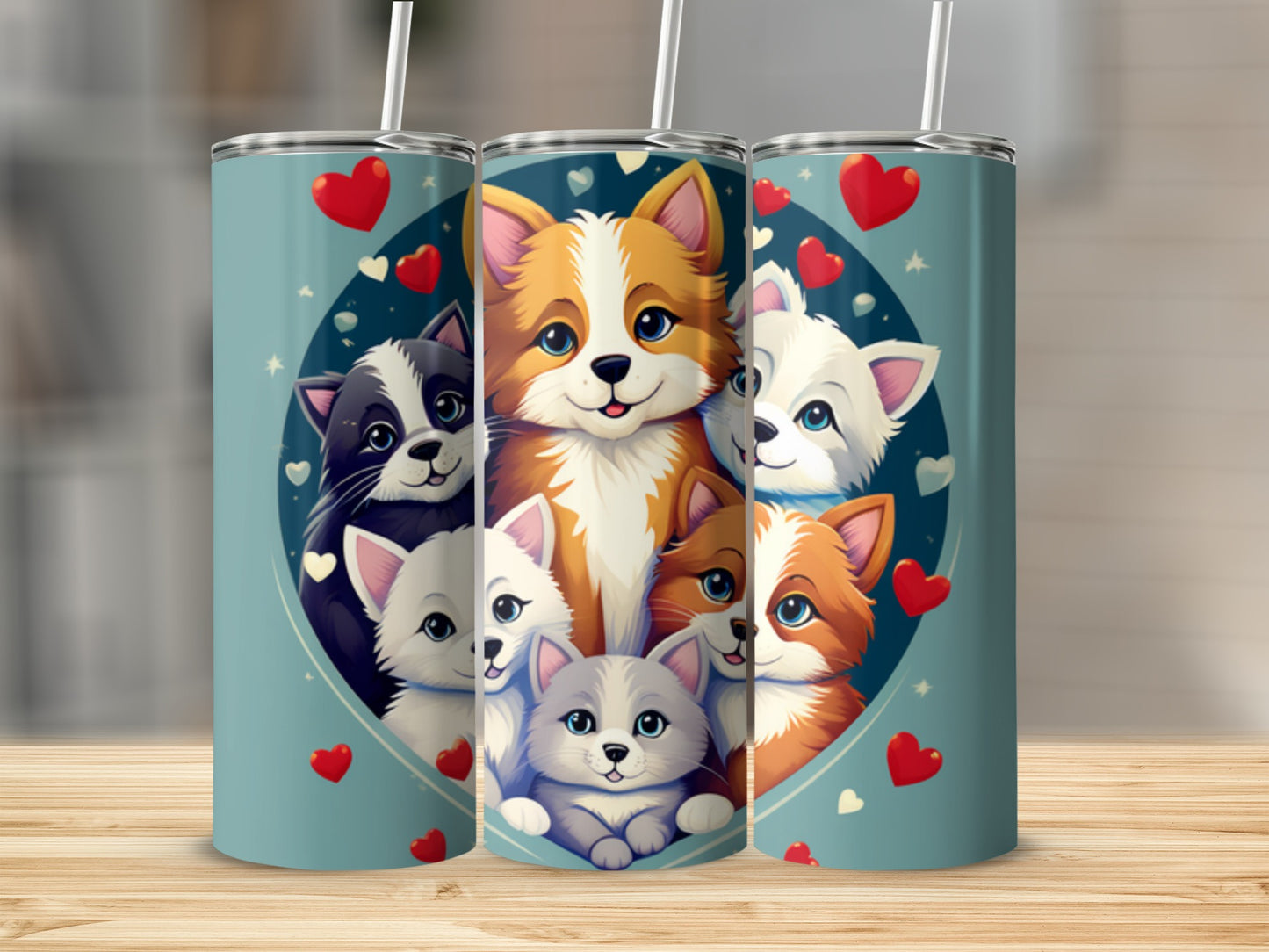 Corgy and cat illustration with hearts on a teal tumbler.