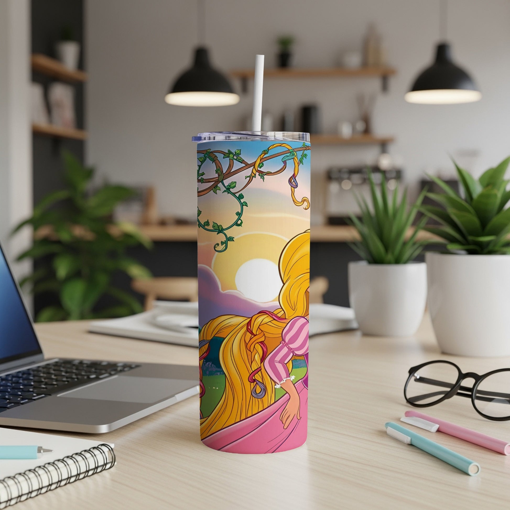Rapunzel's hair swirls around a tumbler featuring a sunset and cartoon castle.