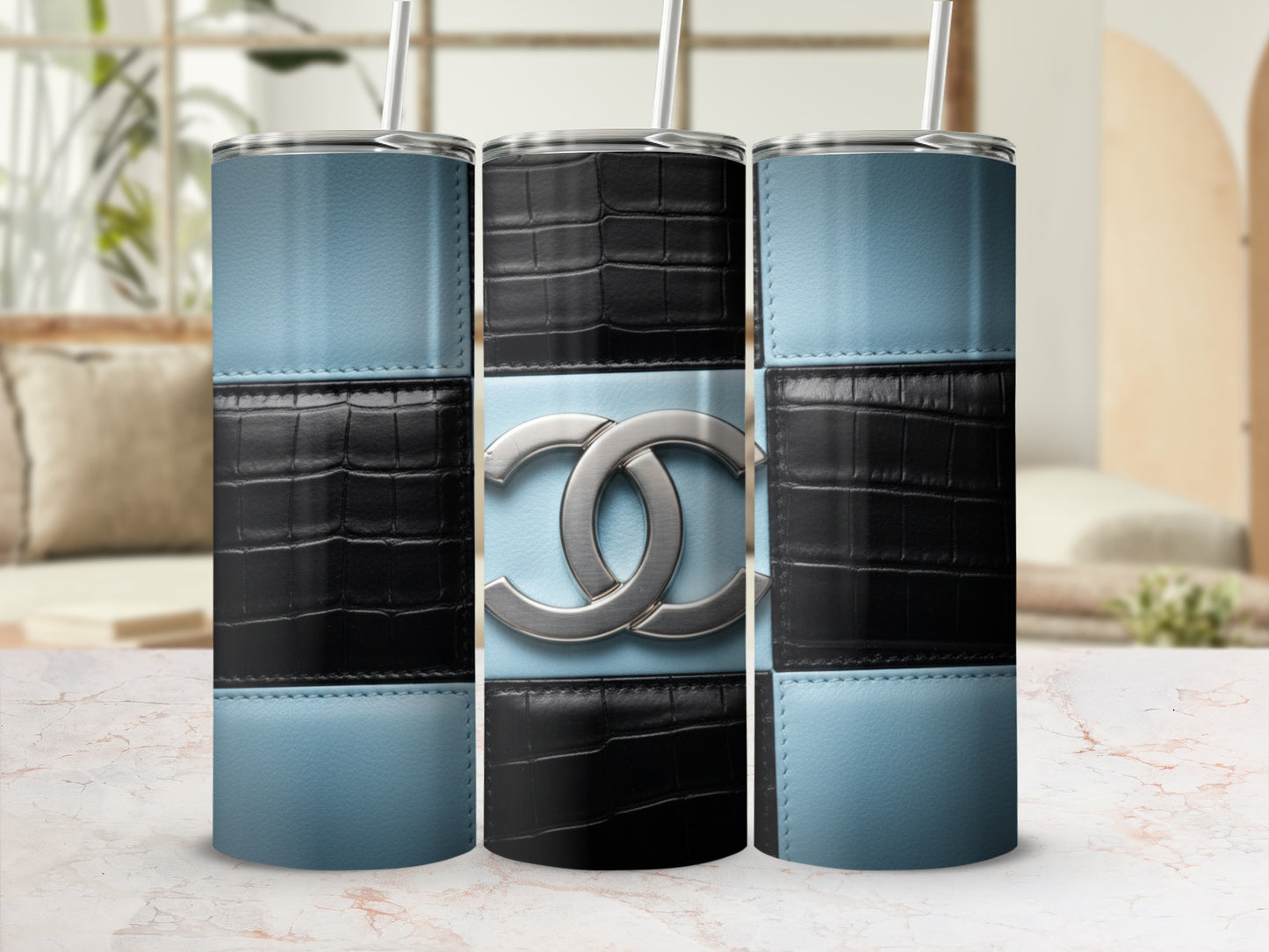 Light Blue and Black Pattern With CC Logo Tumblers