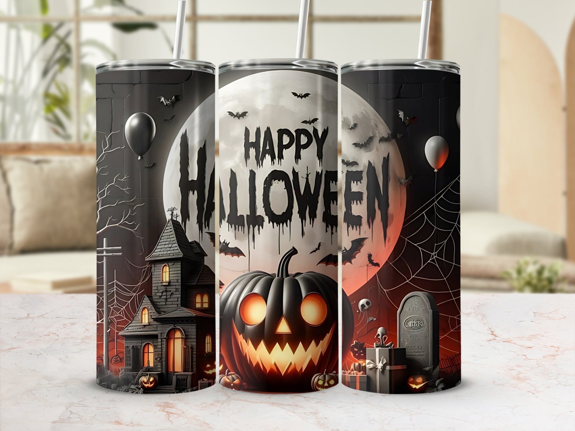 Halloween tumbler with spooky house, jack-o'-lantern, and "Happy Halloween" text.