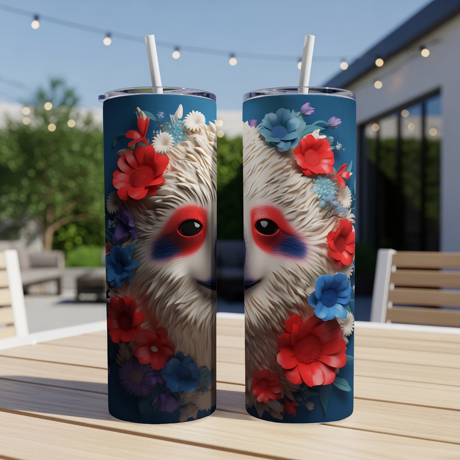 Two tall tumblers featuring a cartoon sloth face with floral accents.