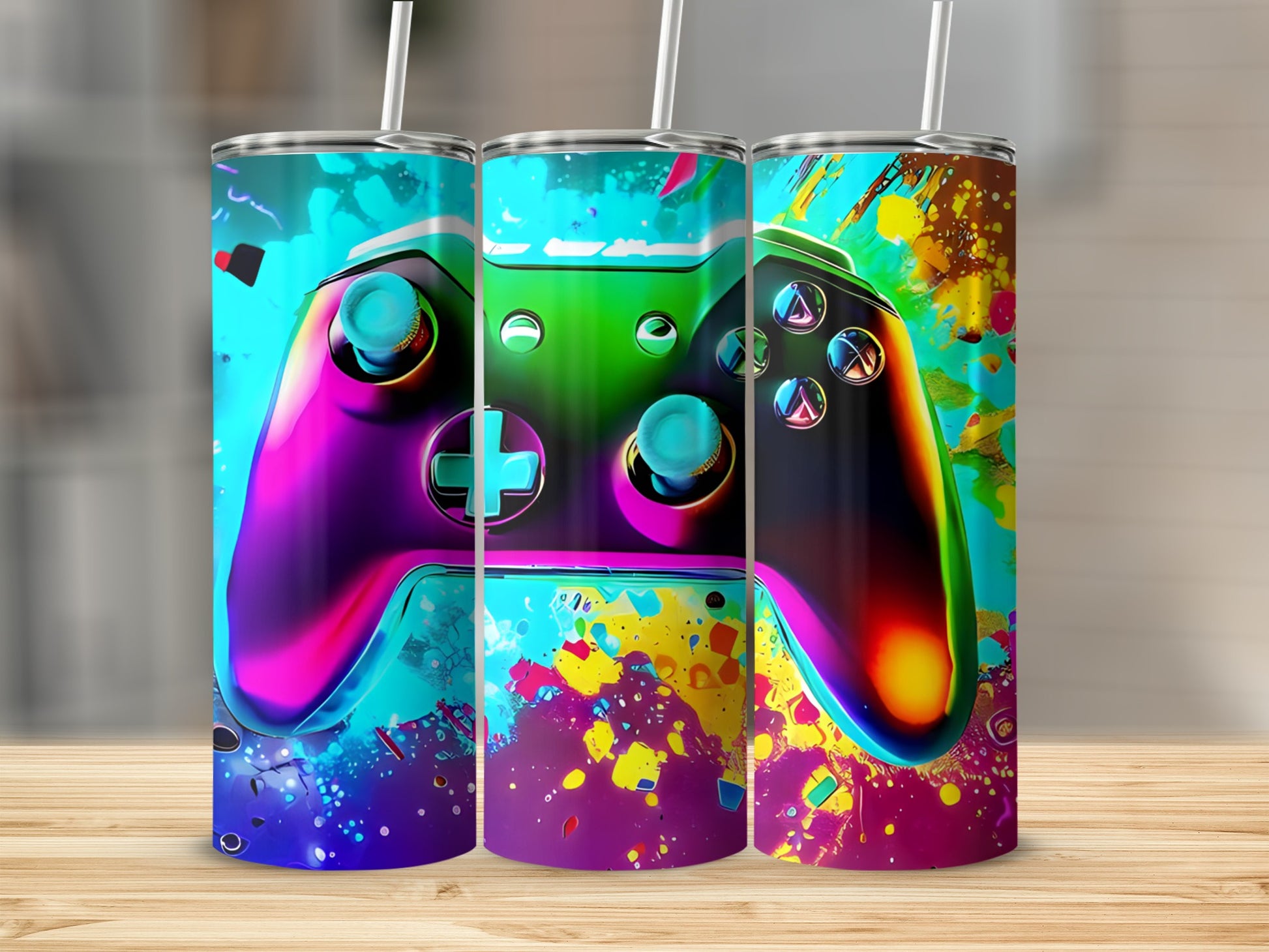 Colorful Gaming Controller Tumbler with Artistic Design