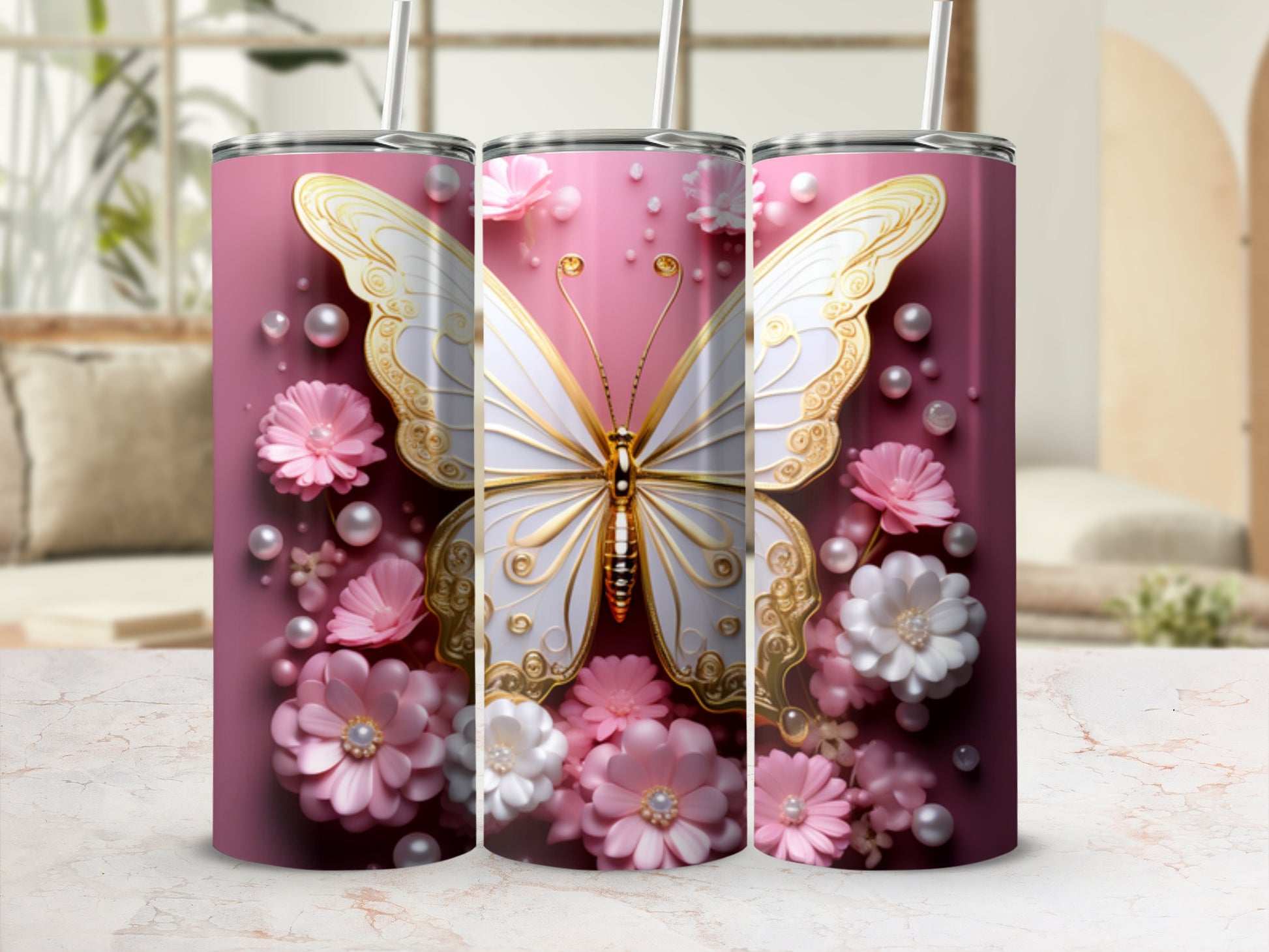 Pink tumbler with white butterfly and floral accents.