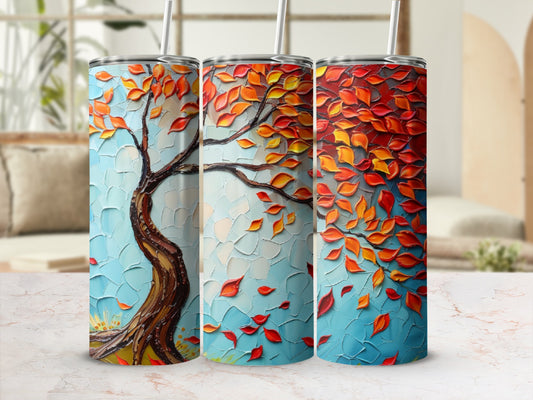 Three tumblers showcasing a textured autumn tree with falling red and orange leaves.