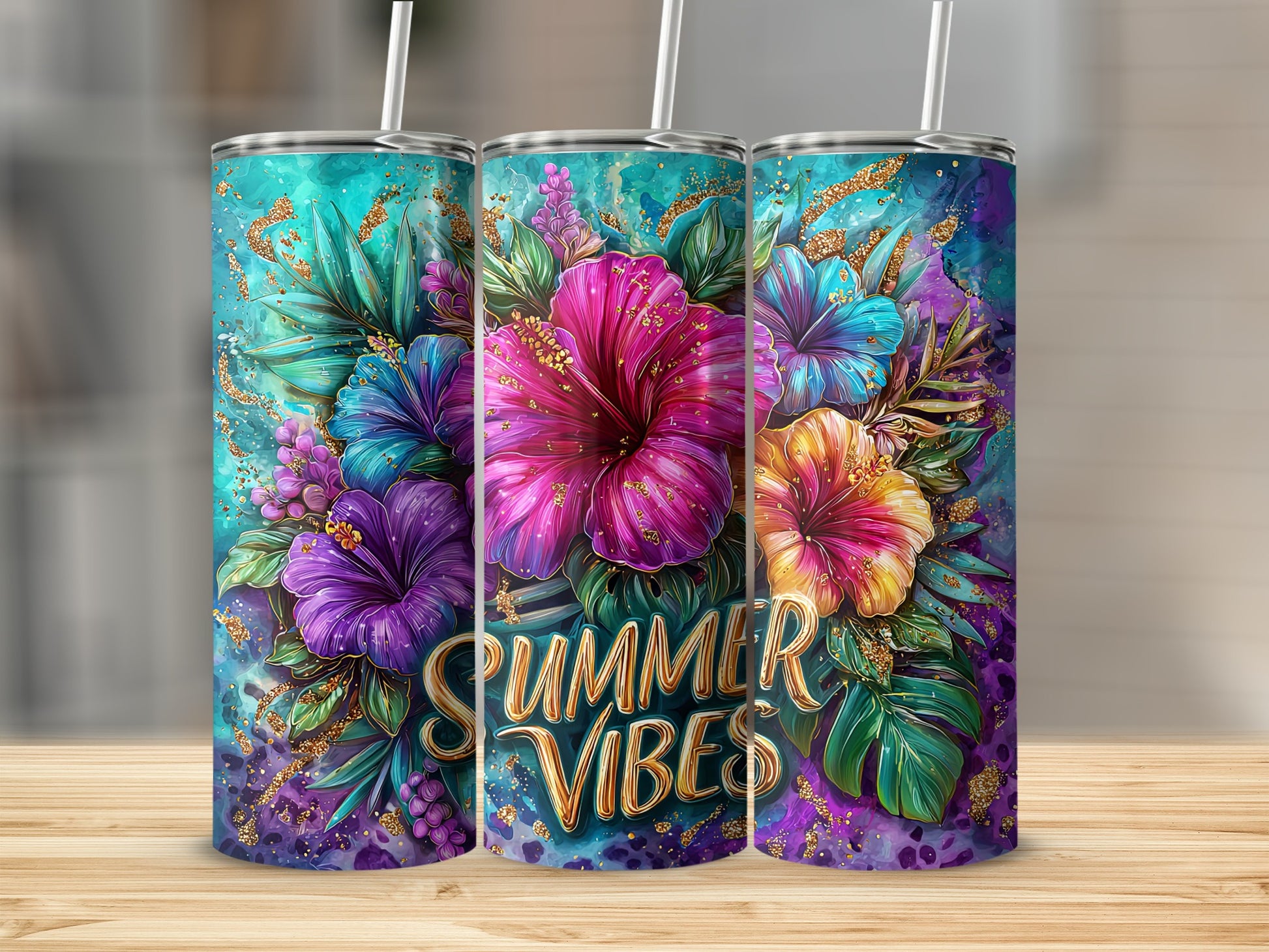 Colorful Floral Tumbler with Summer Vibes Design