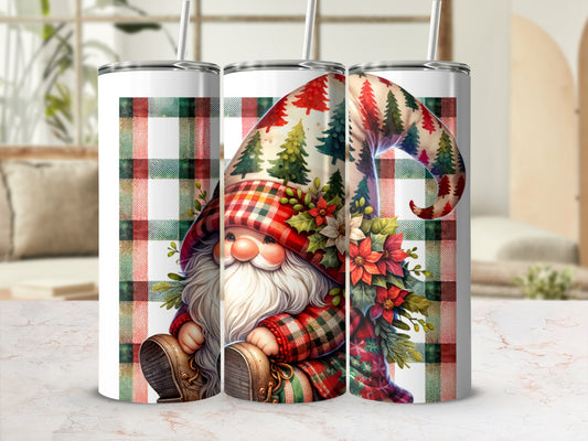 Christmas gnome with plaid hat and trees, festive design on tumbler.