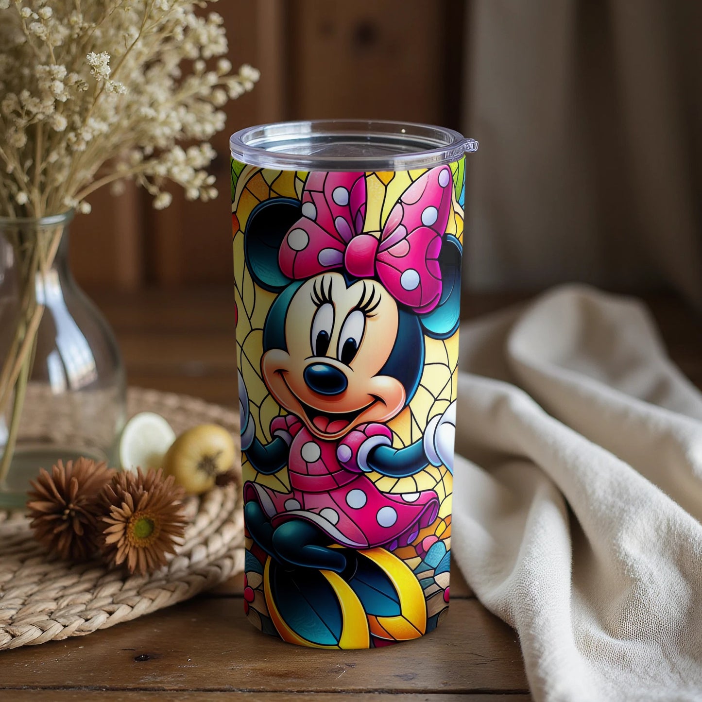 Colorful Minnie Mouse Tumbler with Floral Background