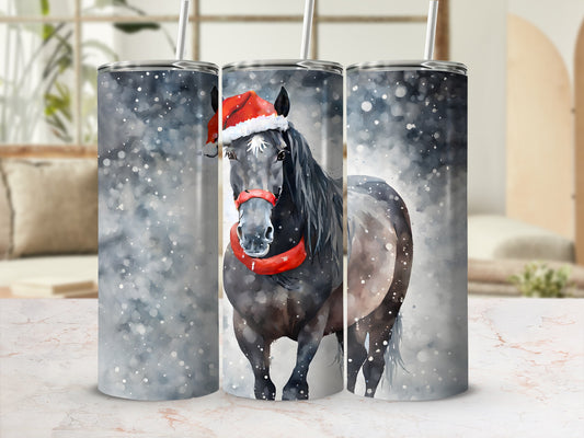 Dark horse wearing Santa hat and scarf, with snow falling.
