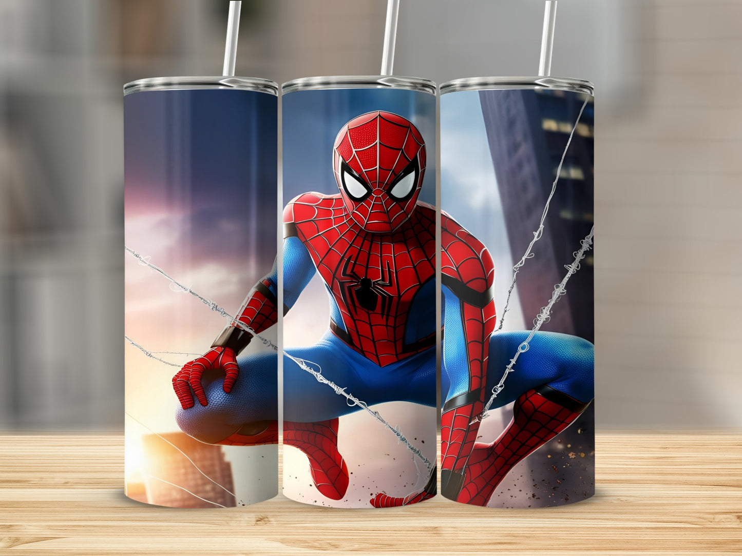 Spider-Man in a dynamic pose against a city backdrop.