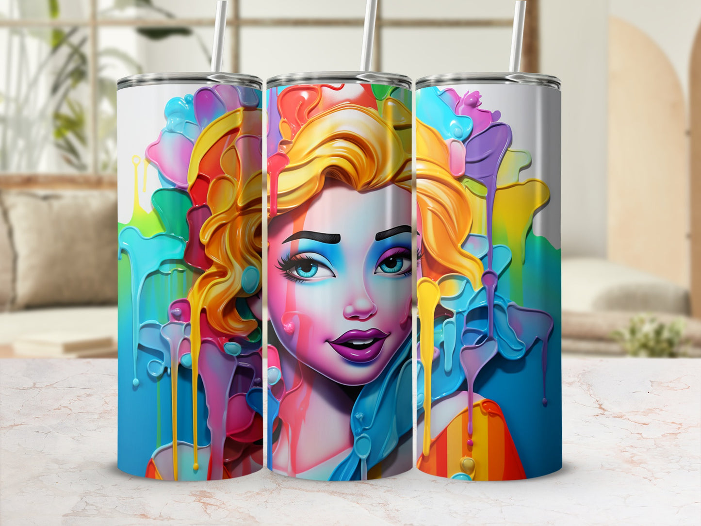 Vibrant Colorful Art Drip Portrait Tumbler Product
