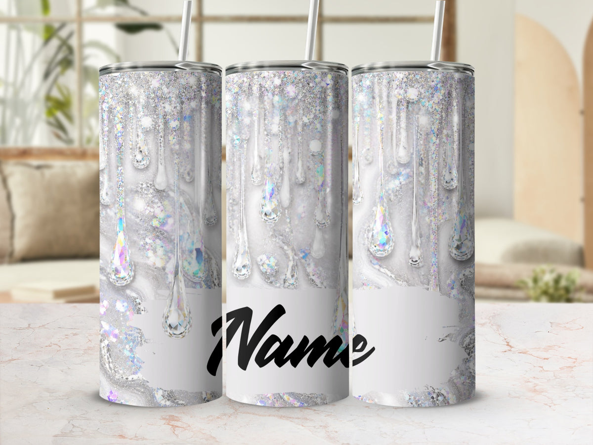 Three tumblers with dripping glitter and diamond design, "Name" text.