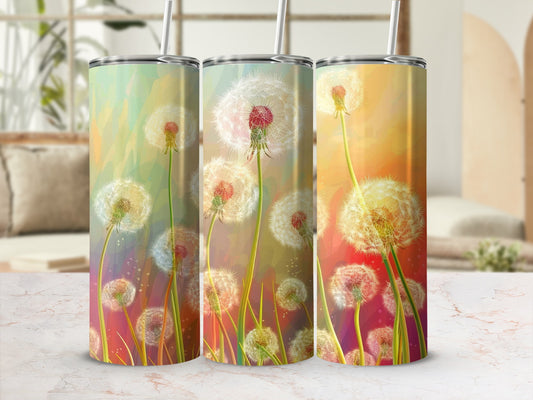 Dandelion seed heads on a colorful, painterly background.