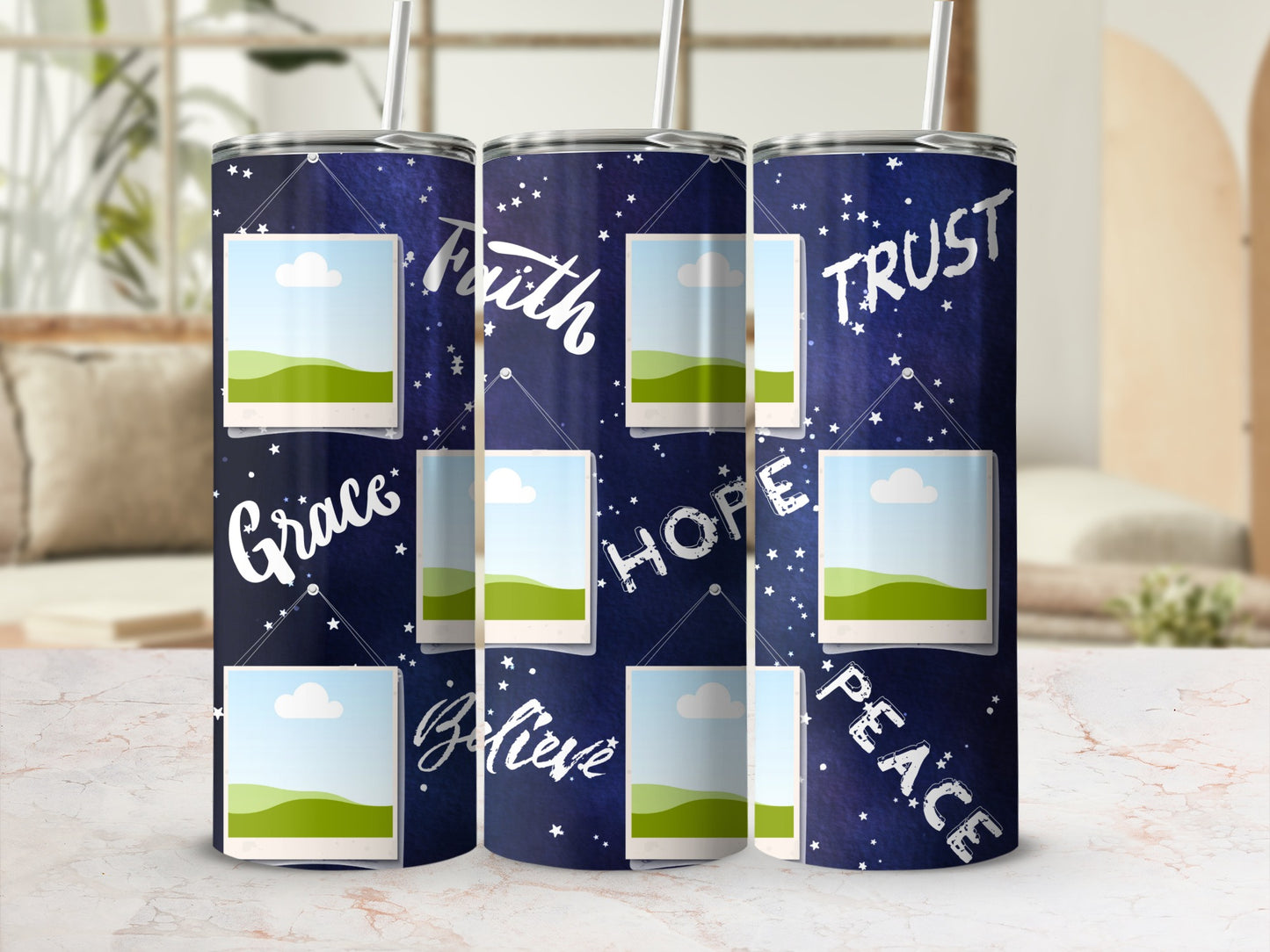 Dark blue tumbler with stars and words Faith, Hope, Believe, Trust, Grace, Peace.