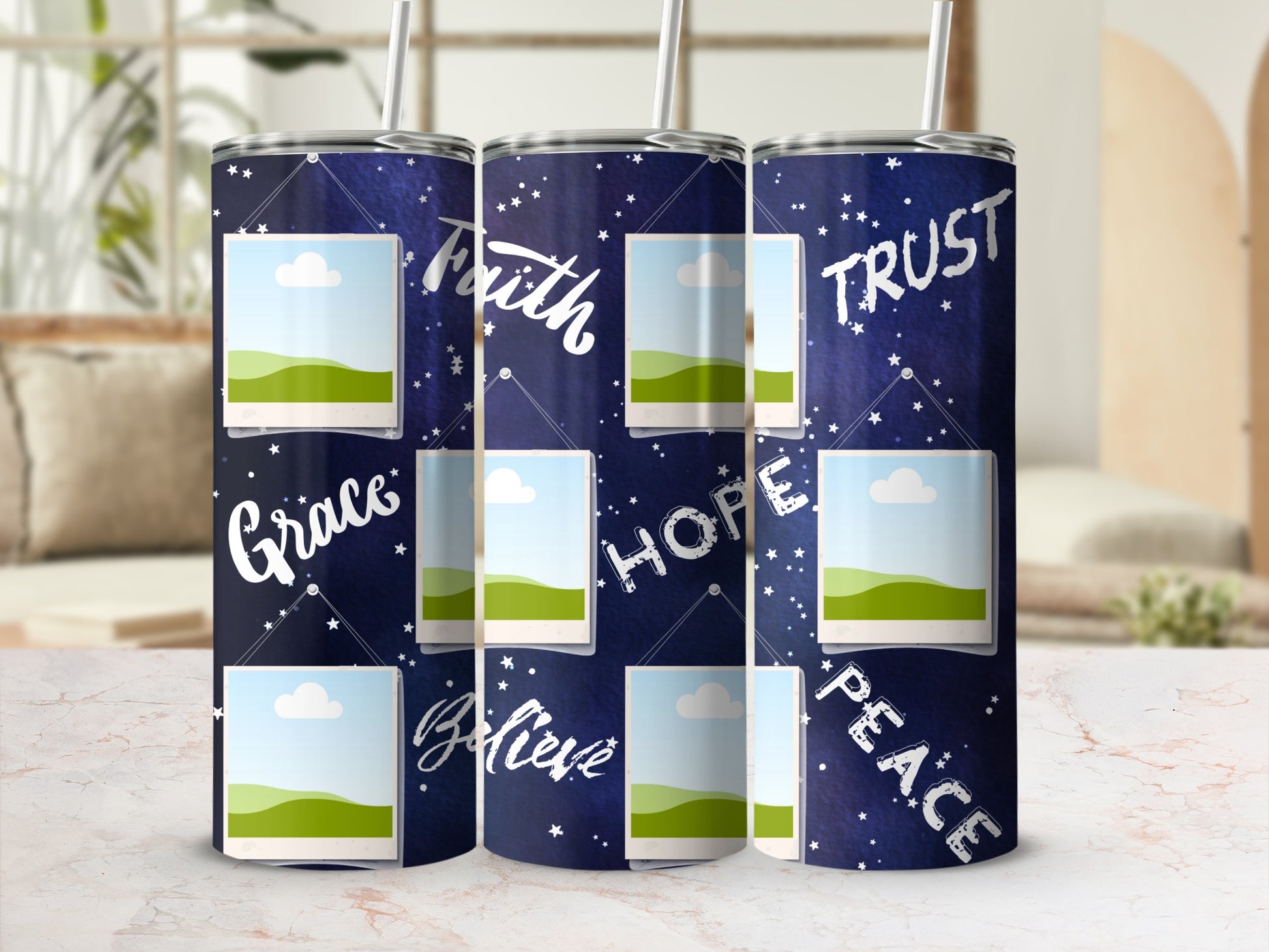 Dark blue tumbler with stars and words Faith, Hope, Believe, Trust, Grace, Peace.