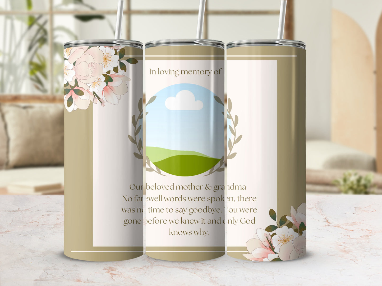Memorial tumbler with floral accents and a poem in loving memory of mother and grandma.
