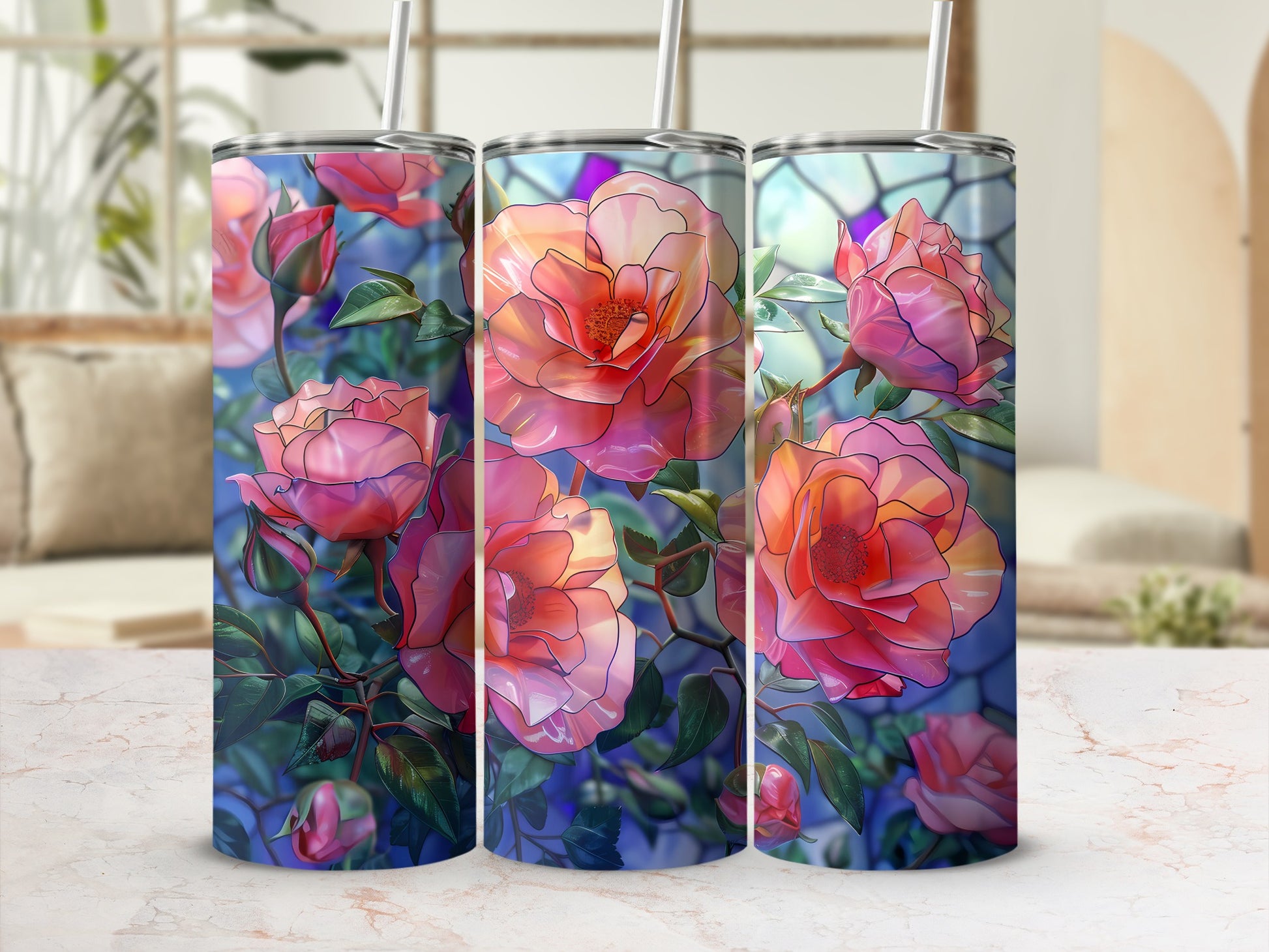 Three tumblers featuring a stained-glass rose design.