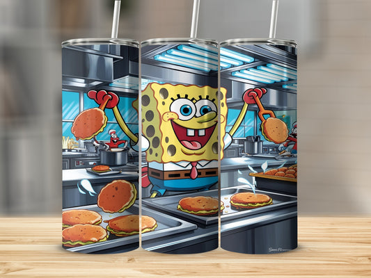 SpongeBob SquarePants happily flipping Krabby Patties in a kitchen.
