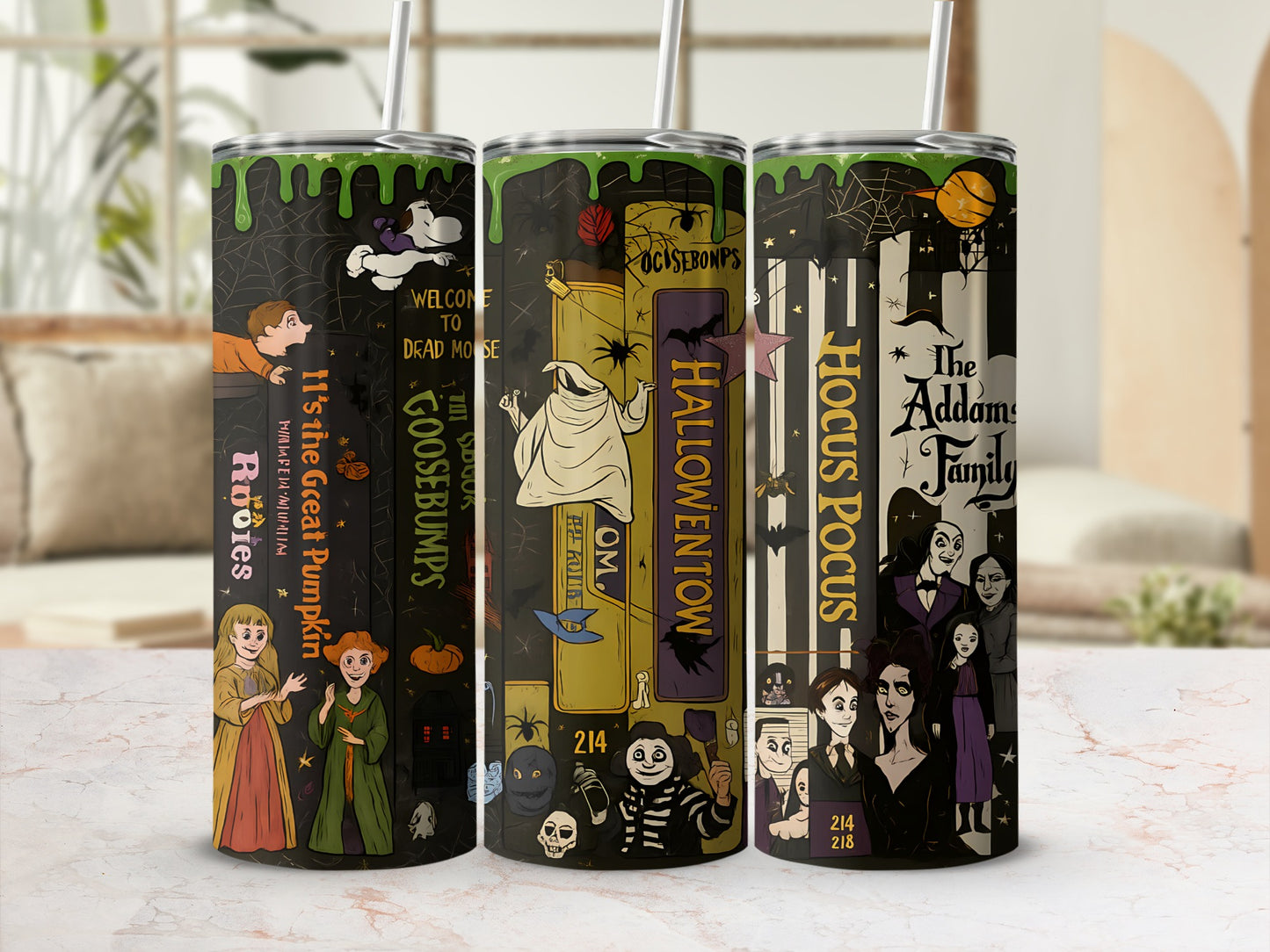 Halloween-themed tumblers featuring "The Addams Family," "Hocus Pocus," and "Goosebumps."