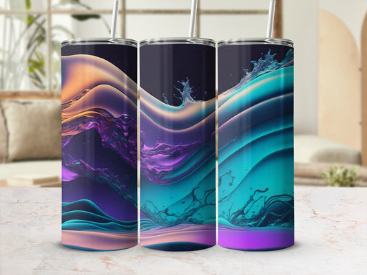 Three tumblers with abstract colorful liquid wave designs.